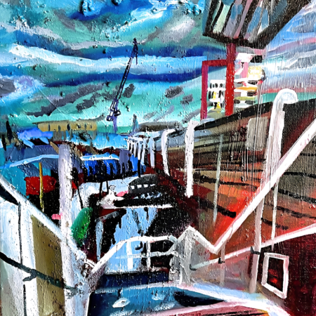 A colourful, expressionist acrylic painting of staris leading down to the platform at Deptford train station