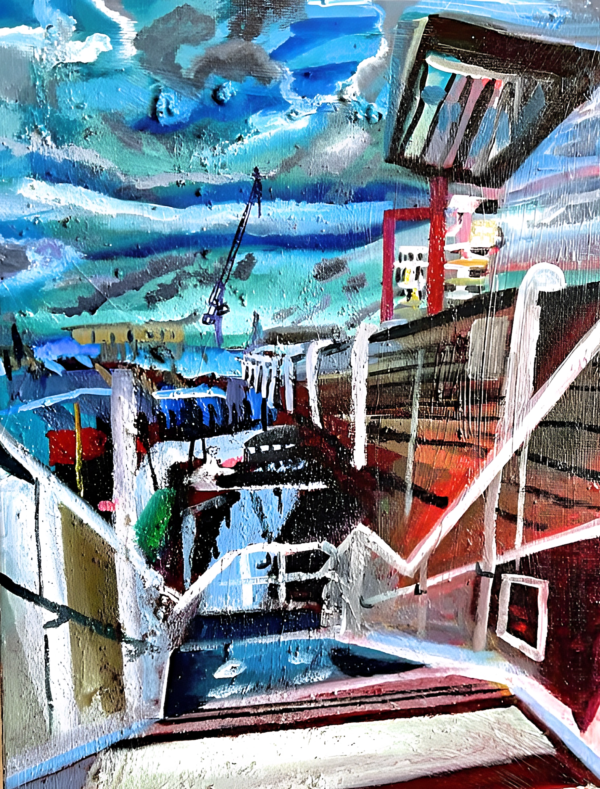 A colourful, expressionist acrylic painting of staris leading down to the platform at Deptford train station