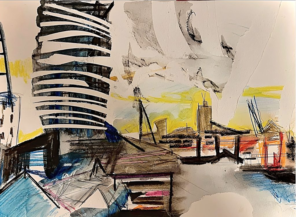 Watercolour and collage painting of a London riverscape