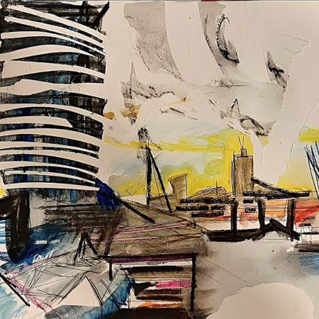 Watercolour and collage painting of a London riverscape