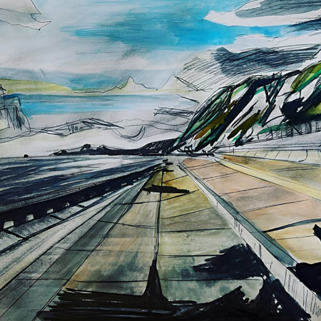 Landscape painting of the railway at the foot of the iconic white cliffs of Dover
