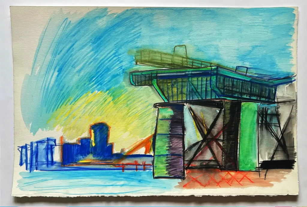 An large watercolour riverscape of Greenwich, England, depicting disused coal unloading gantries, with Canary Wharf in the distance